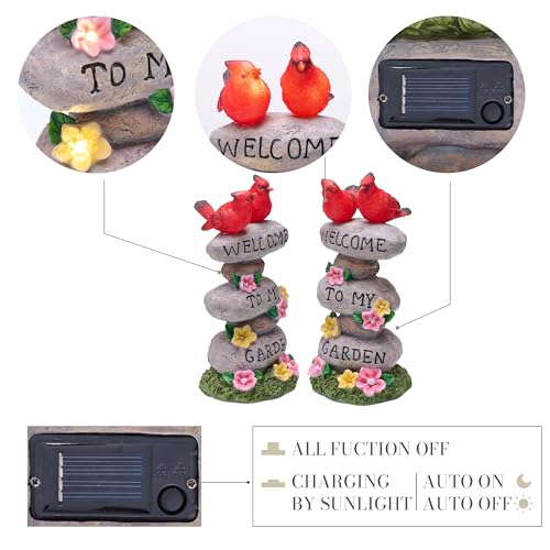 TERESA'S COLLECTIONS Garden Statues with Outdoor Solar Lights for Garden Decor, Cardinal Birds Welcome Yard Sign Rocks & Flower Resin Valentines Decorations, Gifts for Mom Yard Decor, 11"
