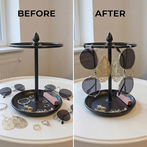Sunglasses Stand with Jewelry Tray Base, 12 Pairs Eyeglass Holder Rack, Glasses Organizer for Entryway Bedroom Dresser, Countertop Sunglasses Display for Home Decor (Metal+Black) - color: Metal+Black