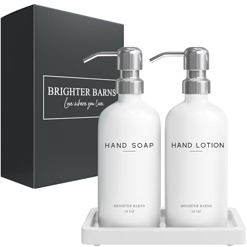 White Glass Soap and Lotion Dispenser Set by Brighter Barns - Bathroom Soap Dispenser Set Tray - Liquid Hand Soap Dispenser Pump - Modern Bathroom Accessories for Guest, Hotel, Spa, Restaurant (White) - color: Silver Sl