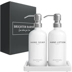 White Glass Soap and Lotion Dispenser Set by Brighter Barns - Bathroom Soap Dispenser Set Tray - Liquid Hand Soap Dispenser Pump - Modern Bathroom Accessories for Guest, Hotel, Spa, Restaurant (White) - color: Silver Sl
