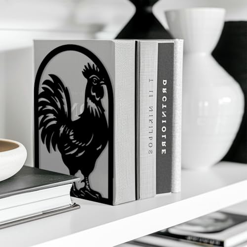 Peacoblue Metal Bookends for Shelves, Modern Decorative Heavy Duty Study Book Support Stoppers for Office, Desk, Shelf, Room 5.3"x4.3"x7.9" Cast Iron Simple Tall Bookends, 1 Pair (Rooster) - style: Rooster
