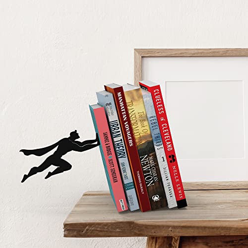 Artori Design Book Ends to Hold Books Heavy Duty - Hidden Metal Bookends for Shelves Desk or countertop - Bookend Book Holder for Home Decorative - Gift for Book Lovers and Home Décor (Book&Hero) - color: A - Superhero (Black)