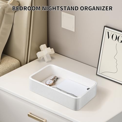 PU Leather Valet Tray Organizer, Small Nightstand Organizer Bedside Desktop Storage for Womens and Men, Perfume Trinket Catchall Vanity Tray for Key Watch Wallet (White, Rectangular) - color: White