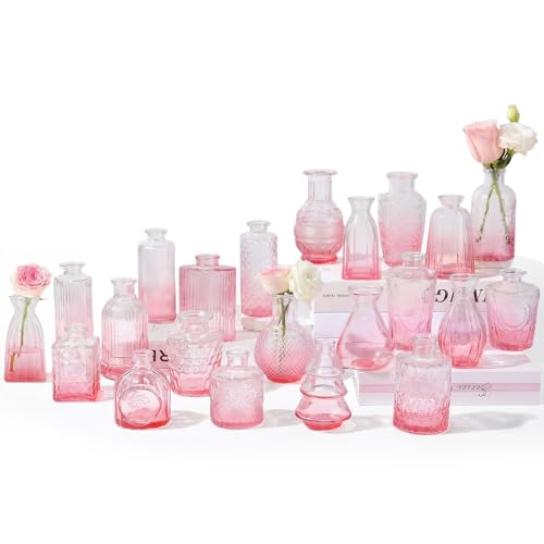 RUCKAE Flower Vase in Bulk 22 Glass Bud Vases Vintage Small Vases for Centerpiece Table Wedding Decorations Home Decor Party (Gradient Pink 22 Pack) - style: Gradient Pink 22 pack