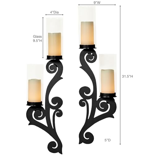 Augustine Scrollwork Black Candle Wall Sconce Pair | Metal Designs with Included Hurricane Style Glass Candleholder - color: Black