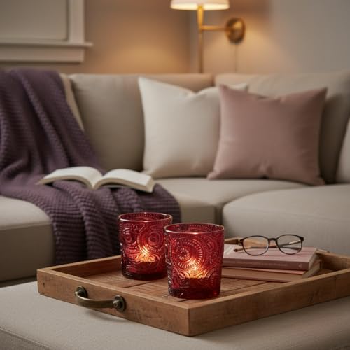 6 Pack Patented Sun Moon Star Embossed Glass Tea Light Candle Holders - Unique Votive Candle Holders for Wedding, Party, and Table Centerpieces (Wildberry Red) - color: Wildberry Red