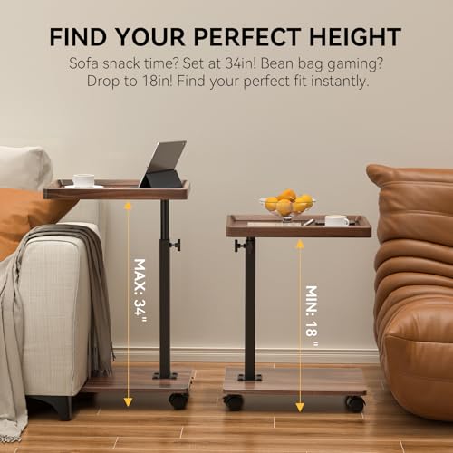 C Table End Table Adjustable Height, 360°Swivel TV Tray Table for Small Spaces, Couch Tables That slide under, C Shaped Side Tables living room and bedroom for Sofa, Bed,Chair, Snack (1, Walnut Brown) - color: Walnut Brown