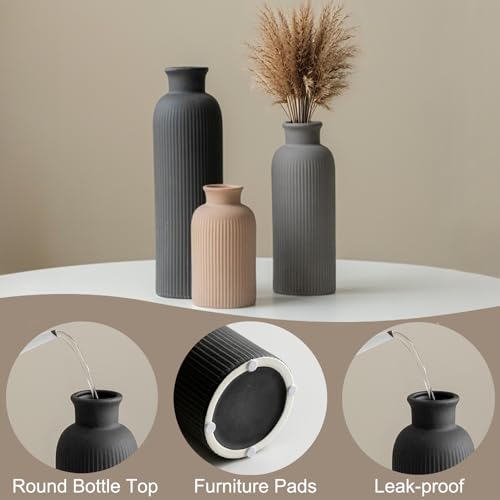 Modern Ceramic Vase Set, Black Ribbed Matte Design, 3-Piece Decorative Vases for Home, Living Room, Office (Black Mix) - color: Black Mix