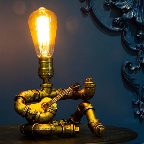 Music Guitar Table Lamp,Steampunk Table Lamp,Retro Guitars Steampunk lamp,Cool Industrial Metal Tube Robot Lamp Gifts for Music Lovers - color: Bronze/With guitar