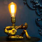 Music Guitar Table Lamp,Steampunk Table Lamp,Retro Guitars Steampunk lamp,Cool Industrial Metal Tube Robot Lamp Gifts for Music Lovers - color: Bronze/With guitar