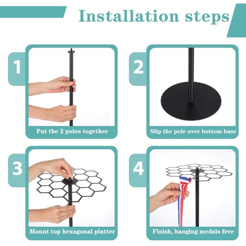Kifmurase Rotating Medal Hanger Display Stand, Tabletop Medal Holder Rack for Sports Awards, Adjustable Metal Rack for Running Basketball Gymnastics Soccer Marathon Medals, Showcase 45+ Medals