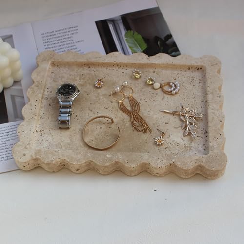 Natural Luxury Scalloped Marble Tray 10.8"x8", Rectangle Vanity Tray for Bathroom Kitchen Counter, Decorative Tray for Dresser Home Decor - Beige Travertine - color: Beige Travertine