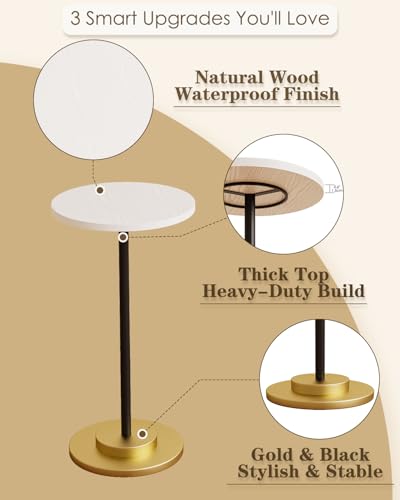Masupu Drink Table, Round Side Table for Small Spaces, Pedestal Side Table, Small End Table with Metal Base, for Living Room, Bedroom, Bathroom, White - color: 02.white Black Gold