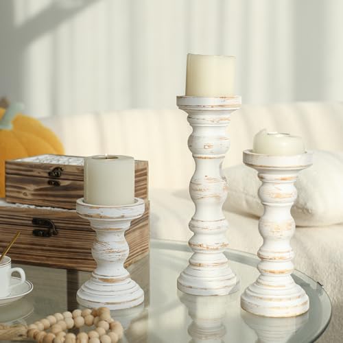 SWALLOWLIVING Rustic Farmhouse Wood Pillar Candle Holder Set of 3 for Candlestick, White - color: White