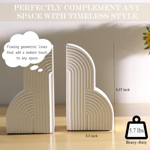 Decorative Book Ends for Heavy Books - Concrete Clound Aesthetic Bookends - Set of 2 Boho Book Stopper for Modern Home Office Bookshelf Decor (Concrete-White)