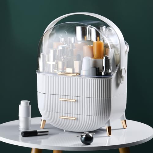 CANITORON Makeup Organizer,Skincare Organizer with 2 Drawers and Transparent Cover,Cosmetic Display Case for Vanity Organizer and Bathroom Countertop Storage.(White) - color: White