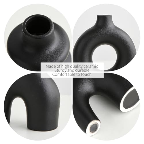 Black Ceramic Vase Set of 3, Small Flower Vases for Pampas Grass, Modern Boho Vase for Decor, Round Black Vases Centerpieces for Wedding Living Room Bedroom Coffee Table Entryway - color: Black