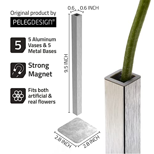 PELEG DESIGN Magnetic Bud Vase Set (Silver) - Unique Home Decor Gift & Modern Table Centerpiece - 5 Aluminum Single Stem Vases - 9.4" Tall Gravity Defying Decor