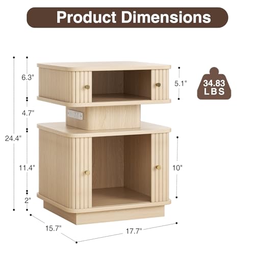 LED Light End Table with Charging Station, Oak Mid Century Bedside Table with USB Type A C Ports, Small Fluted Accent TV Control Nightstand with 2 Sliding Door for Living Room, Curvy Edge - color: Oak
