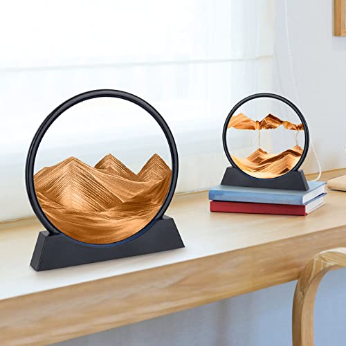 Herecanli Moving Sand Art Picture - 3D Quicksand Painting Decor - Round Glass 3D Deep Sea Sandscape - Relaxing Decoration for Home,Office,Desk,Mantle,Bookshelf,Room- (Yellow, 12 in) - color: Yellow, size: 12"