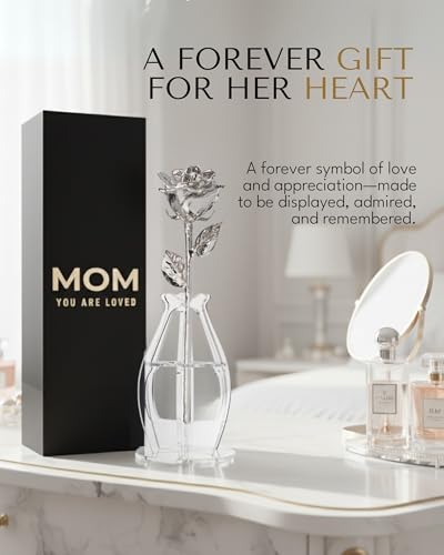 Forever Rose Bloom Box & Phantom Vase Combo, Platinum Dipped Rose in a Personalized Gift Box That Says Mom You are Loved Embossed in Gold Foil, Unique & Everlasting Gift for Any Occasion - color: Platinum Rose (Vase & Mom You Are Loved Box)