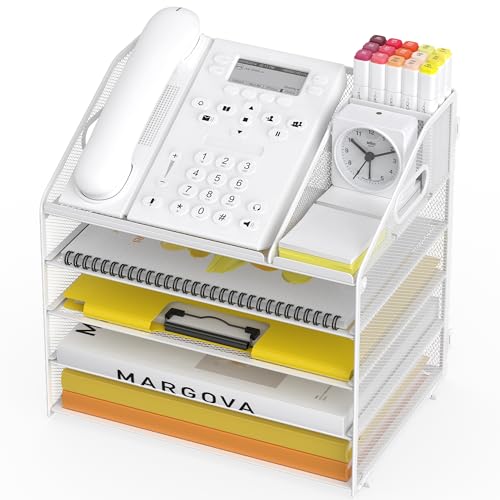 Letter Tray Paper, 5 Tier Desk Organizer with Pen Holder and Handle, Mesh File Organizer Paper Sorter Metal Desktop Document Shelf for Office Home Classroom - White - color: 5 Tier-white