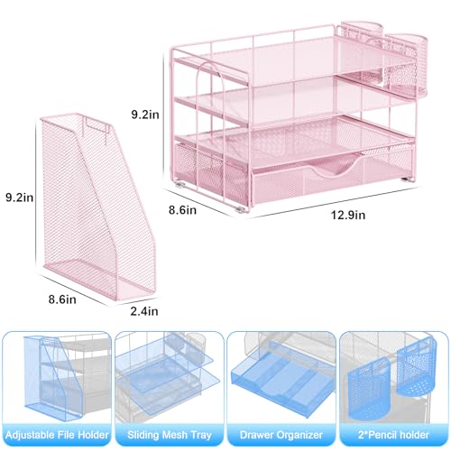 gianotter Desk Organizers and Accessories with File Holder, 4-Tier Desk Accessories & Workspace Organizers with Drawer and 2 Pen Holder, Paper Organizer for Office Supplies (Pink) - color: Pink