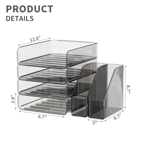 FANXIYQ 4-Tier Acrylic Paper Tray Organizer with Bookends | Clear Stackable Desk Organizer for Documents, Letters, A4 Paper | Modern Office/Classroom/Home Organization,Brown - color: Brown, size: 15.5" x 12.6" x 11"