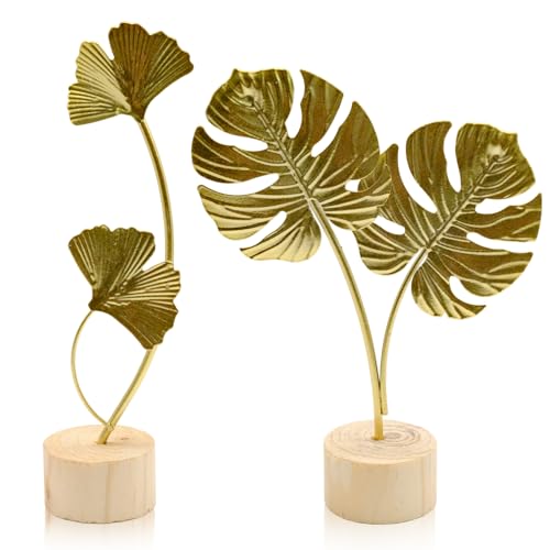 2 Pcs Metal Gold Decor Statues, Leaves Ornaments Modern Creative Home Décor Accents Statue for Office, Room, Bookshelf, Home Decor (Monstera, Ginkgo)