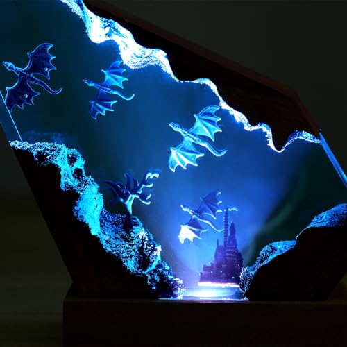 Drawelry Ocean Creative Epoxy Resin Wood Light Lamp, Handmade Multi Color Aquatic Ocean Lamp Deep Sea Diver Cave Diving Enthusiasts Led Night Light Desktop Decor Christmas Birthday Gift (Dragon, S) - color: Dragon