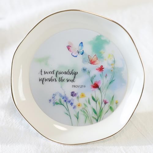 HOME SMILE Friend Chritian Gifts for Women Jewelry Ring Dish Tray with Dynamic Butterfly&Flower Pattern Shifts,A Sweet Friendship Refresh the Soul-Best Friend BFF Birthday Graduation Retirement Gifts