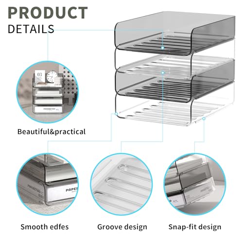 FANXIYQ 4-Tier Acrylic Paper Tray Organizer | Clear Stackable Desk Organizer for Documents, Letters, A4 Paper | Modern Office/Classroom/Home Organization,Clear&Brown - color: Clear & Brown