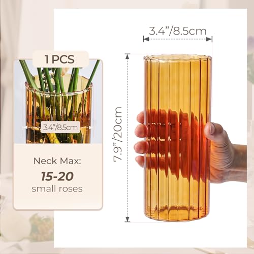 ComSaf Glass Cylinder Vases, Bud Vase for Centerpieces, 8 Inch Tall Ribbed Vase Hurricane Floating Candle Holder, Decorative Flower Vases for Wedding Reception, Home Decor, Housewarming Gift (Amber) - color: Amber