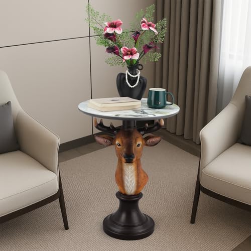 Deer Head Side Table - End Table with Faux Marble Top Unique Deer Statue Decor for Living Room Bedroom Entryway Elegant Animal Sculpture Modern Classical Decoration - color: Brown Deer Base