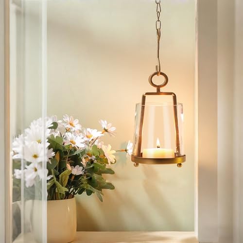 3.3" Wide Modern Farmhouse Metal Hurricane Candle Holder with Handmade Sturdy Glass Sleeve in Antique Brass for Pillar Candle & Plants, Glass Hurricane Lantern, Industrial, Minimalistic - color: Brass, size: 3.3"x5.2"