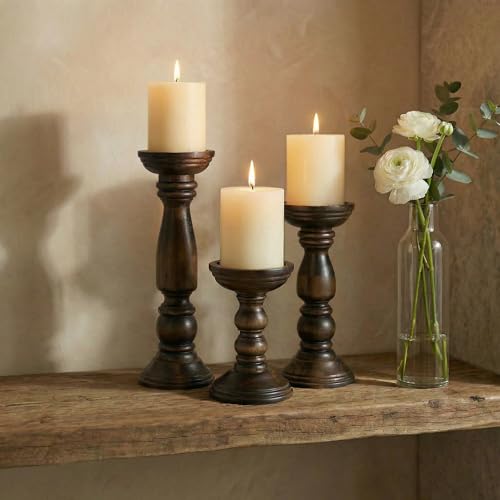 Farmhouse Wooden Candle Holders for Pillar Candles Set of 3, Rustic Wood Candle Holder Table Centerpiece Decor, 12'' 9'' 6'' Vintage Tall Candle Stand Decorative, Dark Brown - color: Vintage Brown