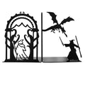 Decorative bookends for Shelves, 7 Inch Tall Heavy Metal Bookends, Unique Bookends, Non Skid Book Ends, Book Stopper for Home/Office Decor/Shelves, Wizard and Dragon Design, Black, 3lb