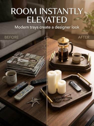 Luxury Decorative Wooden Serving Trays, Dark Brown Hexagonal Design with Gold Handles, 18x12 in/13.7x8.8 in, Modern Ottoman Tray Set of 2 for Coffee Table, Bar, Home Decor, Serving