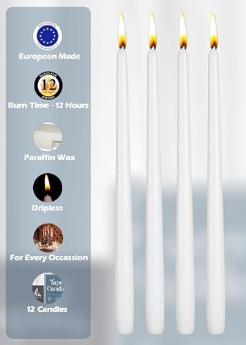 Hyoola 12 Pack Tall Taper Candles - 14 Inch White Dripless, Unscented Dinner Candle - Paraffin Wax with Cotton Wicks - 12 Hour Burn Time - size: 14 inch