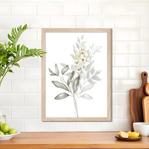 Framed Nature Botanical Wall Art Set of 2, White Floral with Green Eucalyptus Leaves Canvas Prints, Modern Minimalist Flower Painting Picture For Kitchen, Bedroom, Dining Room,Bathroom Decor, 16x20IN - color: White Floral Framed, size: 20"L x 16"W
