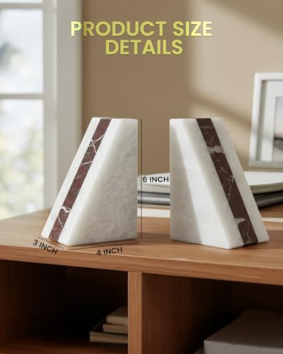 White Marble Bookend 6" - Book Stoppers for Bookshelves - Modern Decorative Marble Bookends for Home and Office, White - color: White