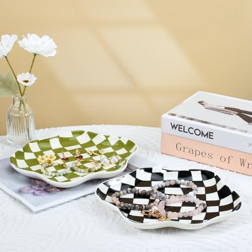 Koythin Jewelry Tray, Ceramic Jewelry Dish Trinket Tray Organizer, Checkered Pattern Aesthetic Decorative for Kitchen, Bathroom (Black and White Checkerboard) - color: Black and White Checkerboard