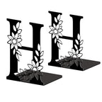 Peacoblue Metal Bookends for Shelves, Modern Decorative Heavy Duty Study Book Ends Stoppers for Office Desk Shelf, Room 5.3"x4.3"x7.1" Cast Iron Tall Bookends 1 Pair (Letter H with Flowers) - style: Letter H with Flower