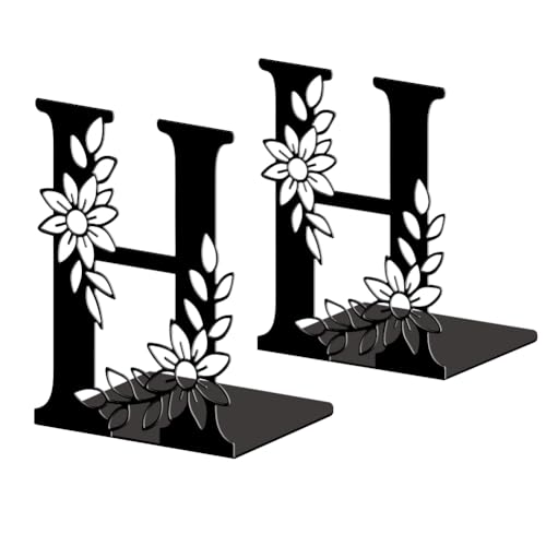 Peacoblue Metal Bookends for Shelves, Modern Decorative Heavy Duty Study Book Ends Stoppers for Office Desk Shelf, Room 5.3"x4.3"x7.1" Cast Iron Tall Bookends 1 Pair (Letter H with Flowers) - style: Letter H with Flower