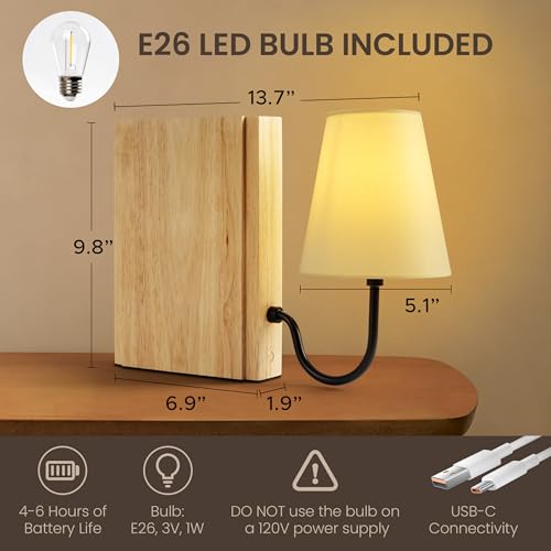 AELS Wooden Bookshelf Lamp with Bulb, Cordless Touch Dimmable Table Lamp with Linen Fabric Shade, Battery Operated, Modern Decorative Bookend, Book Sconce for Office Home Bedroom Bookshelf, Natural - color: Natural, size: Rechargeable Model