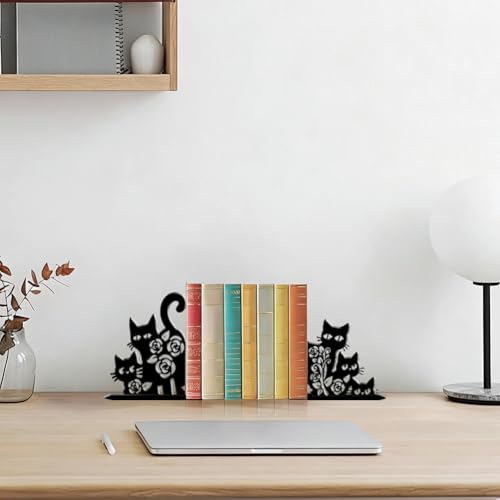 2Pcs 2 Styles Black Metal Cat Bookends Cute Book Stoppers Animal Pattern Black Decorative Heavy Duty Metal Book Ends for Shelves Home Office Desk Organizer Stylish 7.48 x 6.3 x 1.18 Inch - color: Cat