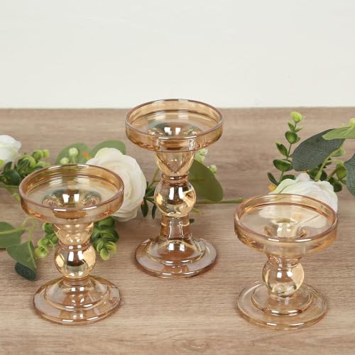 Efavormart Set of 3 Amber Gold Premium Glass Pillar Candle Holders with Round Candle Tray, Crystal Ball Stem Taper Candlestick Stands Tea Light Holders with Stable Base - 3.5",4.5",5.5" - color: Type10