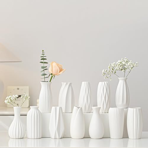 White Ceramic Vase Set of 12,Small Vases in Bulk for Flowers,Mini Vases for Centerpieces,Modern for Floral and Pampas Grass,Boho for Wedding,Party,Table Christmas Home DecorDIY Gifts - color: White-st-12