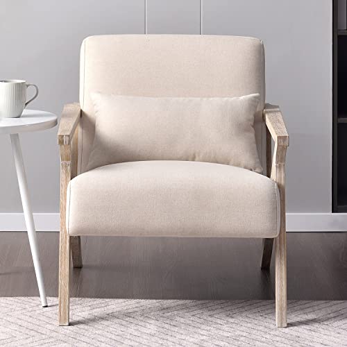INZOY Mid Century Modern Chair with Wood Frame, Upholstered Armchair with Waist Cushion, Accent Chair for Living Room Bedroom Apartment, Easy Assembly, Beige - color: Beige