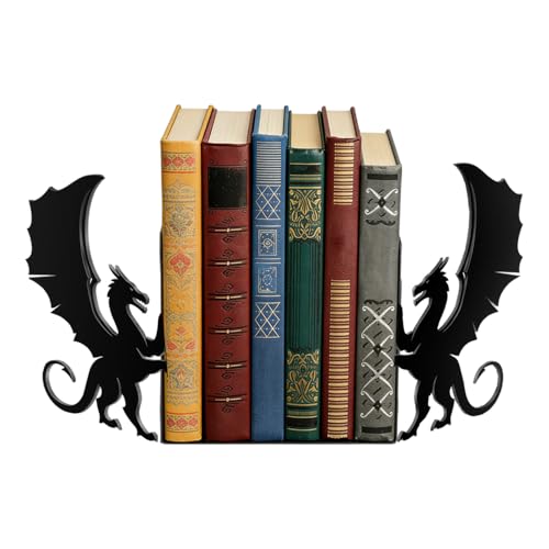 Dragon Metal Book Ends Decorative Set of 2 - Fantasy Themed Bookends for Heavy Books, Gothic Geometric Book Holders for Bookshelves, Matte Black Office, Home, Library Desk Decor - color: Type-6
